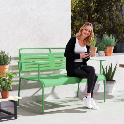 Outsunny Banco de jardín 2 plazas banco exterior jardín de acero con reposabrazos y respaldo, para balcón 121 x 64 x 84 cm, verde