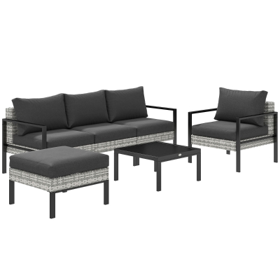 Outsunny Conjunto de jardín exterior para 5 personas, salón de balcón de ratán sintético con sillones, taburete y mesa de centro Gris