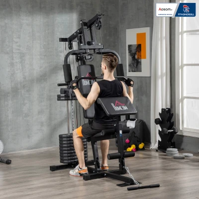 HOMCOM Estación de musculación fitness - Colaboración Aosom.es x FEBalonmano - 12 bloques de peso de 5,5 kg - 135x103x210 cm