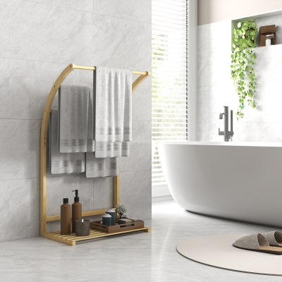 HOMCOM Toallero de bambú 3 barras con estante de almacenamiento, para baño y lavandería, acabado natural