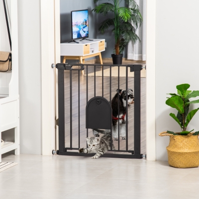 PawHut Barrera de seguridad animales con puerta cierre automático sistema de doble bloqueo, acero negro