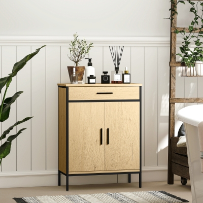 HOMCOM Mueble de baño con cajón, armario de dos puertas, estante ajustable y bisagras de cierre, 60 x 30 x 80 cm, roble