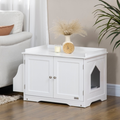 PawHut Casa de arena para gatos diseño mueble escondite para arena 2 en 1 mesa auxiliar 2 puertas con tabique removible blanco