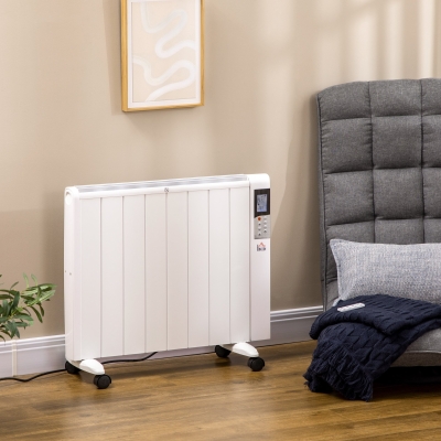 HOMCOM Calefactor Eléctrico con Ruedas, 9 Modos Preinstalados, Posibilidad de Montaje en Pared, 5-35°C, Blanco, 75 x 7,5 x 58,5 cm