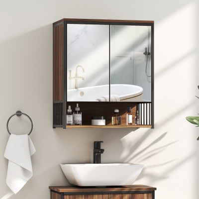 HOMCOM Armario de pared baño con espejo mueble baño con compartimento abierto puerta con cierre amortiguado marrón