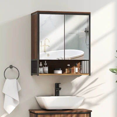 HOMCOM Armario de pared baño con espejo mueble baño con compartimento abierto puerta con cierre amortiguado marrón