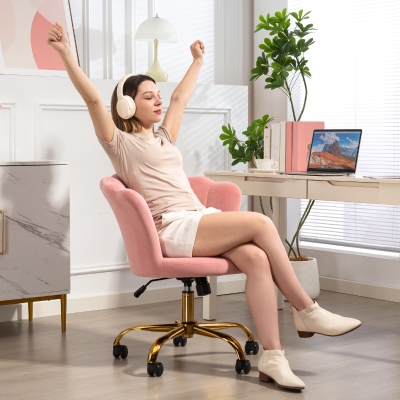 HOMCOM Silla de oficina en terciopelo, silla de tocador con respaldo en pétalo, altura ajustable, 69 x 64 x 80-90 cm, rosa