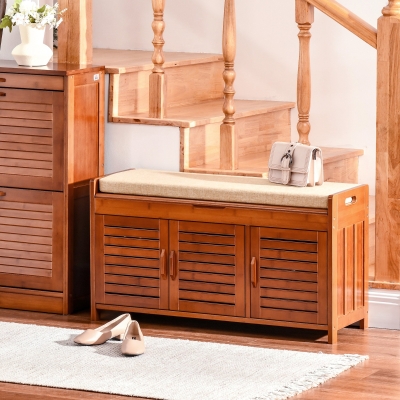HOMCOM Banc de zapatos mueble de zapatos de bambú con cojín de asiento, 3 puertas y compartimento oculto, marrón