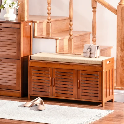HOMCOM Banco de zapatos, mueble de zapatos de bambú con cojín de asiento, 3 puertas y compartimento oculto, Marrón