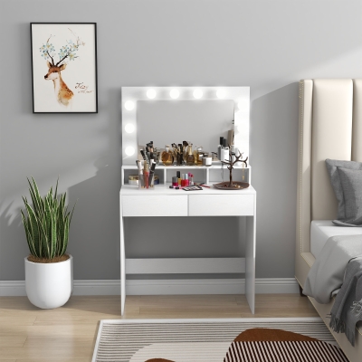 HOMCOM Tocador con espejo Hollywood, cajones, 3 modos de iluminación, 10 bombillas, 80 x 40 x 135 cm, blanco