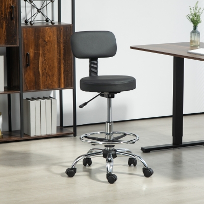 HOMCOM Silla de Oficina, Sillón Giratorio Compacto, Ajustable en Altura, con Reposapiés, Giro de 360°, Cuero Sintético, Metal, Negro