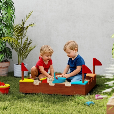 AIYAPLAY Arenero de madera para niños de 3-7 años con asientos, banderas, sin fondo, tema de muralla, 90 x 90 x 17 cm, marrón