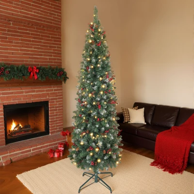 HOMCOM Árbol de Navidad Artificial Estrecho 180 cm con Luces LED 8 Modos de Iluminación 461 Ramas Piñas Bayas y Soporte Verde