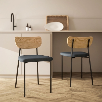 HOMCOM Juego de 2 sillas de comedor con patas de acero, respaldo curvado y asiento acolchado, gris y efecto madera natural