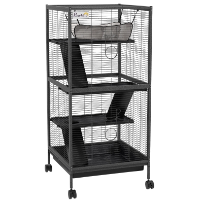 PawHut Jaula para Cobayas y Chinchillas en Acero con 3 Pisos, Ruedas y Bandeja Extraíble, 52x52x113,5 cm Gris