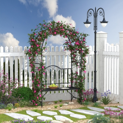 Outsunny Arco de Rosas Banco de Jardín 2 Plazas 2 en 1 dim. 115L x 59l x 203H cm metal epoxi Negro
