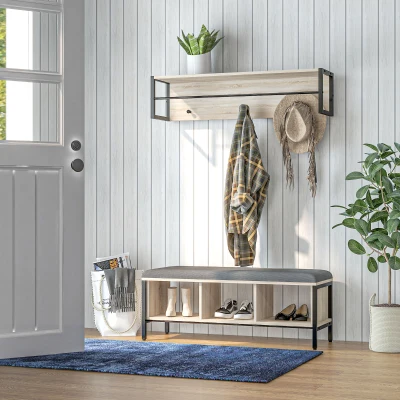 HOMCOM Conjunto de mueble de entrada 2-en-1 banco para zapatos 3 casilleros y perchero de pared 3 ganchos y barra natural y Negro
