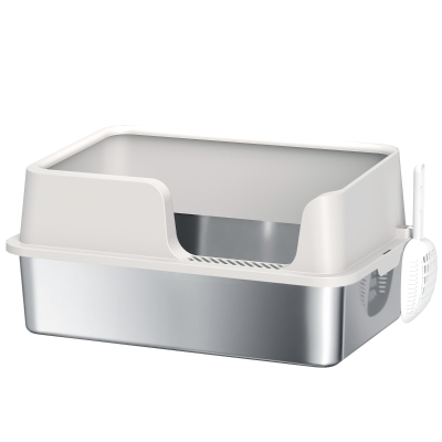 PawHut Bandeja de Arena para Gatos, bandeja de arena en acero inoxidable con bordes altos pala fácil limpieza 60x40x28 cm Gris claro