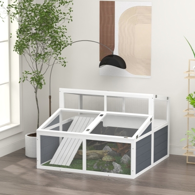 PawHut Casa recinto jaula para pequeño animal tortuga con 2 espacios techo en policarbonato 3 puertas rampa 115x115x82 cm Gris