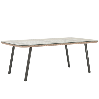 Outsunny Mesa de jardín con tablero de vidrio templado 5 mm, mesa auxiliar para exterior, estructura de acero, efecto madera natural