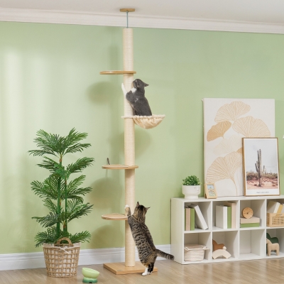 PawHut Rascador de Techo Alto, Seguro antivuelco, Poste de cuerda de sisal, Tablero de madera, Roble+Blanco Crema