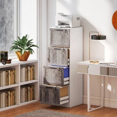 HOMCOM Cajonera de Escritorio con 4 Cajones Cerradura 2 Llaves Barras Colgantes para A4 Carta 39,4x40x129 cm Blanco y Madera