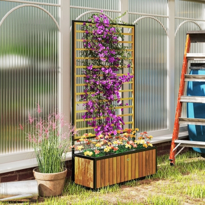 Outsunny Macetero con enrejado jardinera elevada agujeros de drenaje en madera de acacia y acero 74 x 27 x 131 cm color teka
