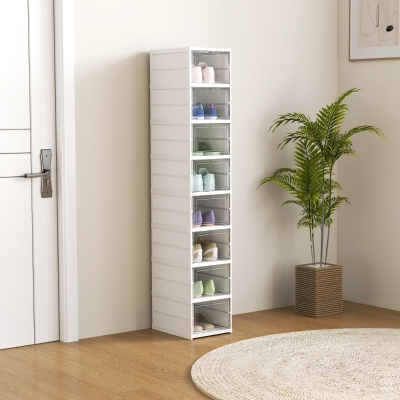 HOMCOM Lote de 8 cajas de zapatos plegables en plástico apilables con tapas, para tallas hasta 43, blanco