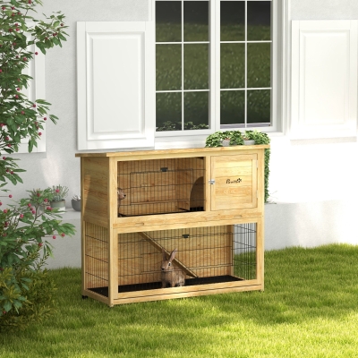 PawHut Conejera de madera 2 niveles con 3 puertas, bandeja deslizante, rampa y techo asfáltico, 120x50x102 cm, Amarillo