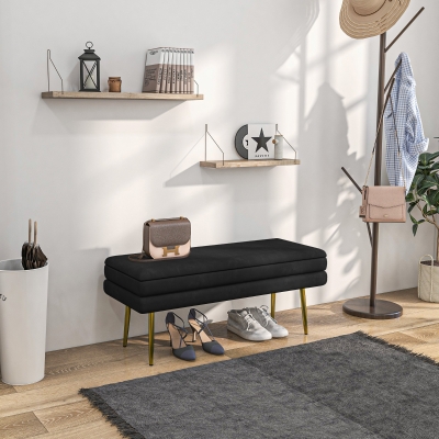 HOMCOM Banco banqueta cofre de almacenamiento 2 en 1 asiento de terciopelo y patas de acero - 100x37,5x42 cm Negro y dorado