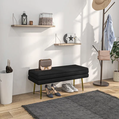 HOMCOM Banco banqueta cofre de almacenamiento 2 en 1 asiento de terciopelo y patas de acero - 100x37,5x42 cm Negro y dorado