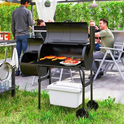 Outsunny Parrilla de carbón de acero BBQ Smoker con tapa Termómetro Ruedas Ventilación lateral Bandeja de carbón