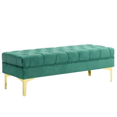 HOMCOM Banco banqueta capitonada para pie de cama estilo clásico 118x45x42 cm base de metal dorado terciopelo Verde