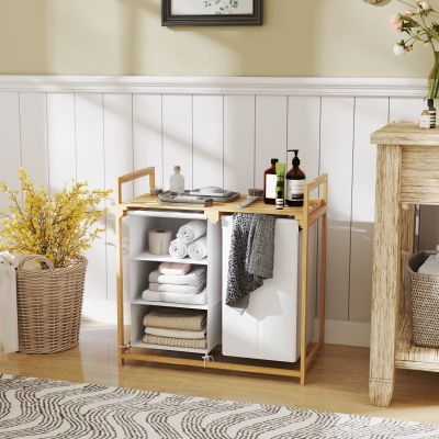 HOMCOM Cesto de ropa con bolsa de lavandería, cajón de tela, bambú, 70x36x70 cm, Blanco/Madera