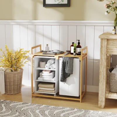 HOMCOM Cesto de ropa con bolsa de lavandería, cajón de tela, bambú, 70x36x70 cm, Blanco/Madera