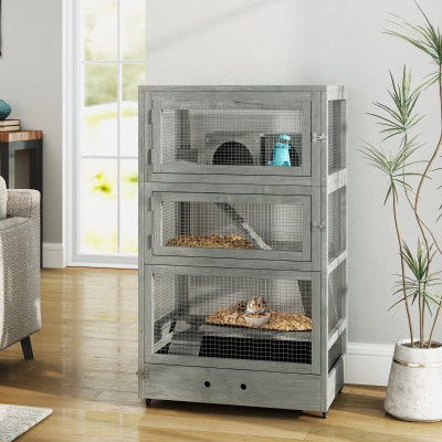 PawHut Jaula para hámster enano de cuatro pisos en madera, con casas, columpio, cuencos de comida, rampas, ruedas, 65x45x109 cm, Gris
