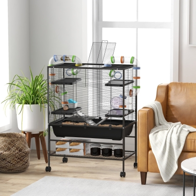 PawHut Jaula para Hámster con tubos, rueda de ejercicio, casita, bebedero, 109x82x46 cm, Negro