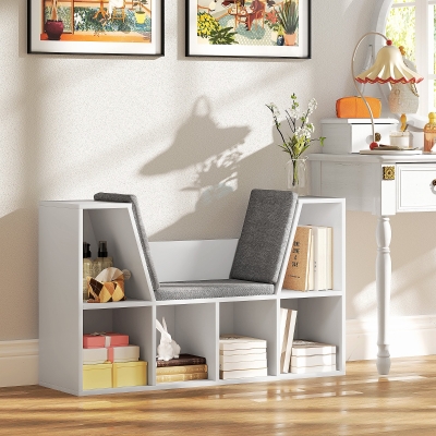 HOMCOM Estantería de libros con asiento, 6 estantes, acolchada, 105 x 30 x 63 cm, blanco