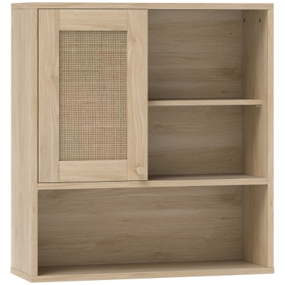 HOMCOM Armario de pared, mueble alto de baño con puerta corredera de ratán y estantes abiertos, madera natural