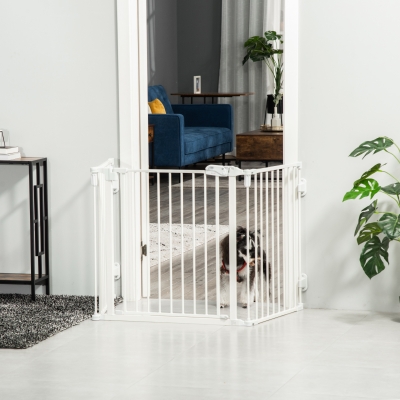 PawHut Puerta de Seguridad para Perros Barrera Protectora para Mascotas Ajustable Plegable Reja con Puerta de Cierre Automático