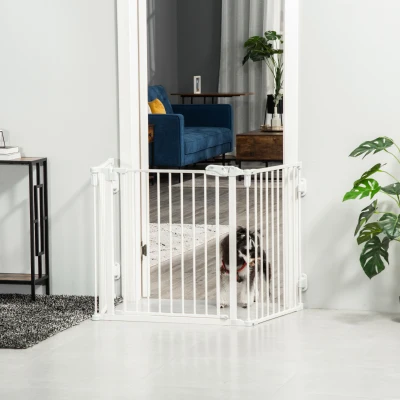 PawHut Puerta de Seguridad para Perros Barrera Protectora para Mascotas Ajustable Plegable Reja con Puerta de Cierre Automático