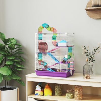 PawHut Jaula para hámster roedor 4 pisos con túneles comedero rueda casita escaleras 46x30x58 cm Violeta