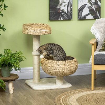 PawHut Árbol rascador para gatos 2 niveles altura 72 cm poste sisal con cueva y plataforma 1 bola suspendida
