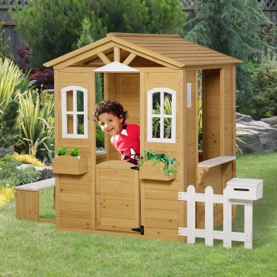 Outsunny Casa de juegos para niños casa de jardín de madera con puerta y ventanas, banco, buzón, valla, de 3 a 6 años