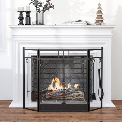 HOMCOM Protector de Chimenea Grande para Chimenea o Estufa Protector de chispas serviteur 2 en 1 con Accesorios 3 Paneles Plegables