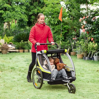 HOMCOM Remolque para 2 Niños 2 en 1, Función de Empuje, Protector de Lluvia, Freno, Amarillo