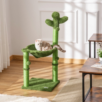 PawHut Árbol para gatos rascador en forma de cactus en sisal natural hamaca pompon colgante - 40x40x96 cm Verde