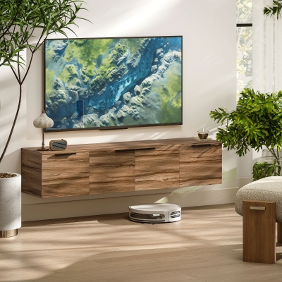 HOMCOM Mueble TV suspendido mueble televisión para televisores de hasta 65 pulgadas con 3 armarios con puertas, 150 x 35 x 32 cm, marrón