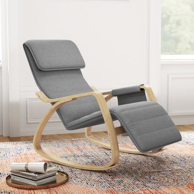 HOMCOM Sillón relax mecedora sillón lactancia con reposapiés ajustable, bolsillo lateral y reposacabezas, gris