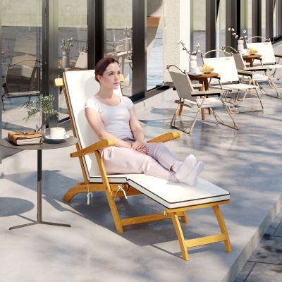 Outsunny Tumbona plegable con cojín de madera de acacia, con reposapiés, soporta hasta 160 kg, 155x54x86 cm, blanco